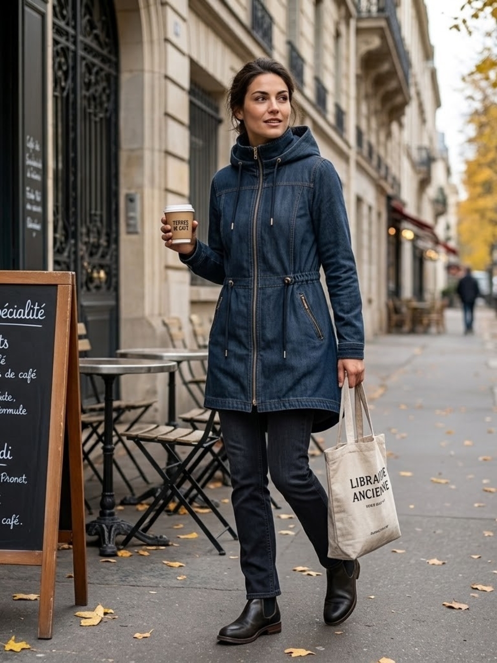 OXYGEN Hooded Denim Parka Jacket - Navy Blue Women Small